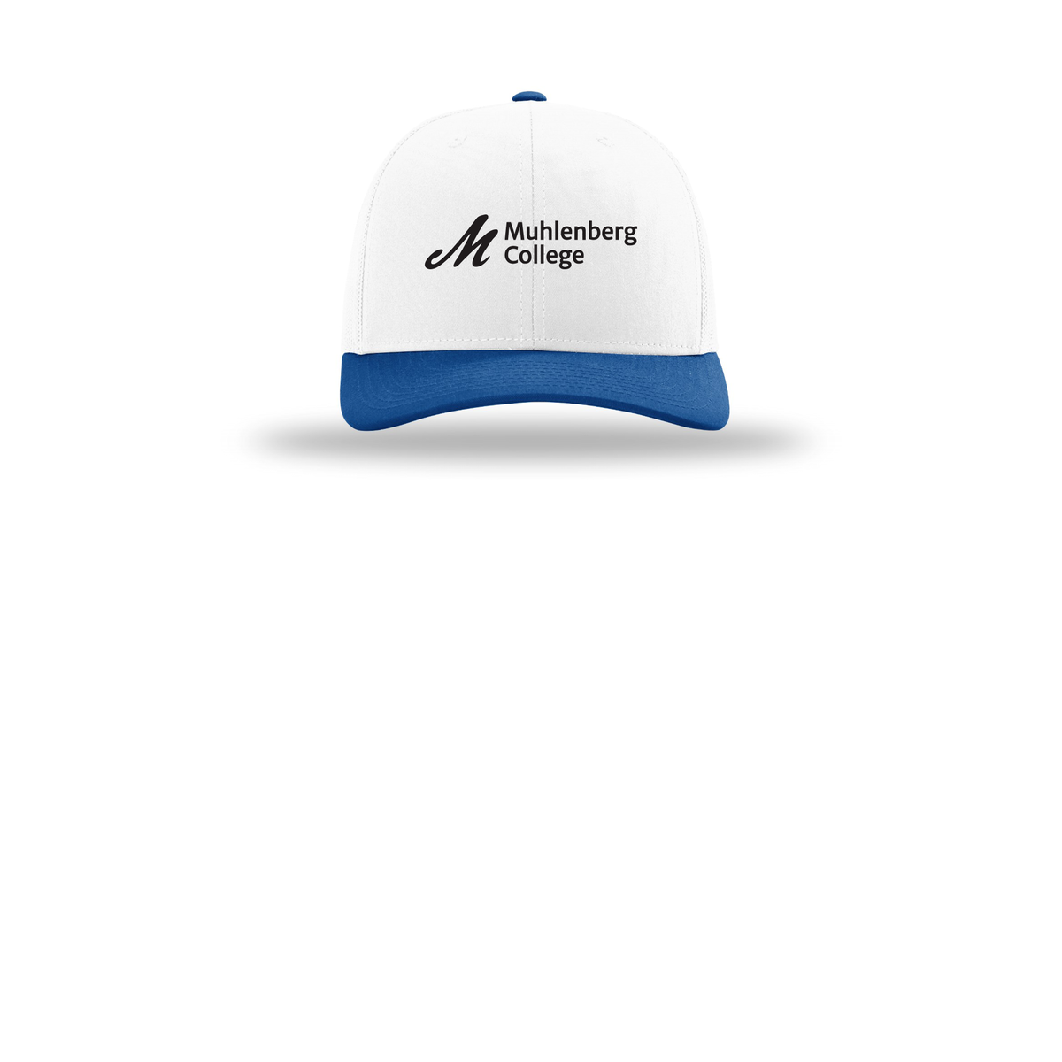 muhlenberg-richardson-trucker-cap-embroidery-capfront-R112-whitewhiteroyal-flat-front