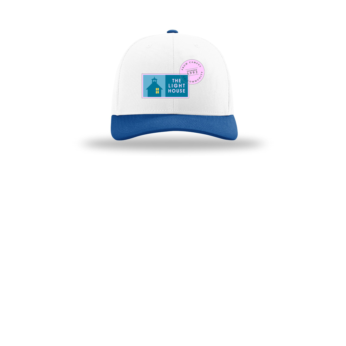 lhcampus-richardson-trucker-cap-embroidery-capfront-R112-whitewhiteroyal-flat-front