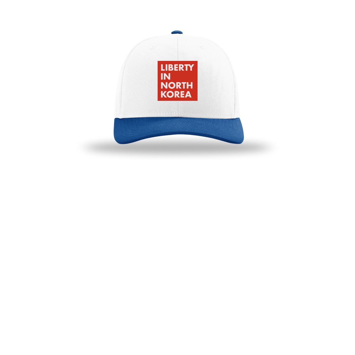 libertyinnorthkorea-richardson-trucker-cap-embroidery-capfront-R112-whitewhiteroyal-flat-front