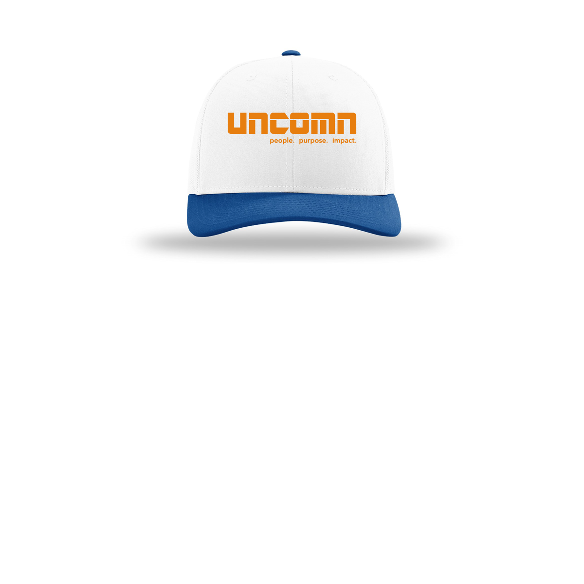 uncomn-richardson-trucker-cap-embroidery-capfront-R112-whitewhiteroyal-flat-front