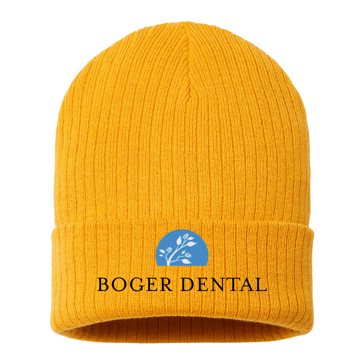 boger-dental-sustainable-cuffed-beanie-embroidery-capfront-RIO-mustardyellow-flat-front