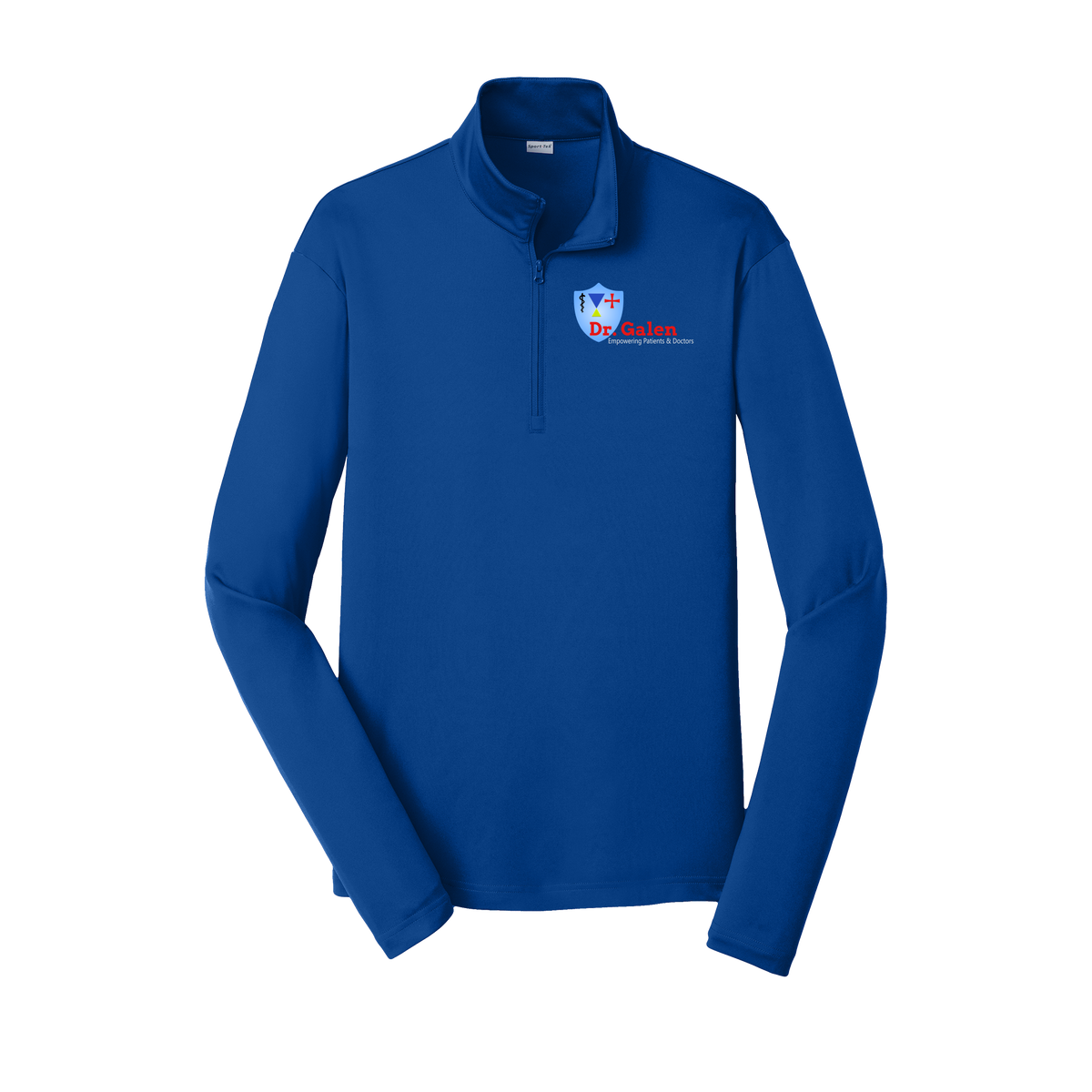 drgalen-lightweight-quarter-zip-dtf-leftchest-ST357-trueroyal-flat-front
