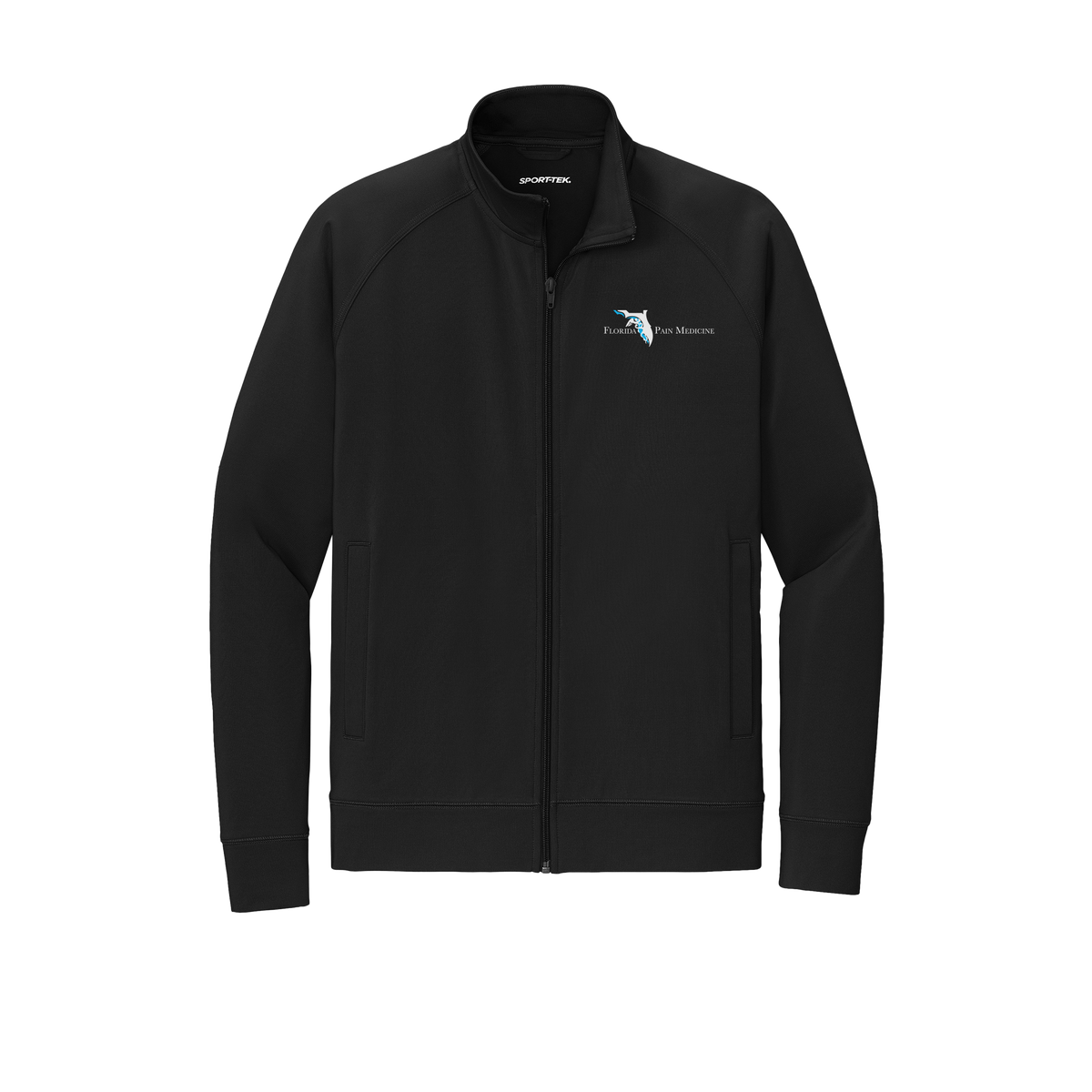 floridapainmedicine-sport-tek-mens-cadet-jacket-embroidery-leftchest-ST857-black-flat-front