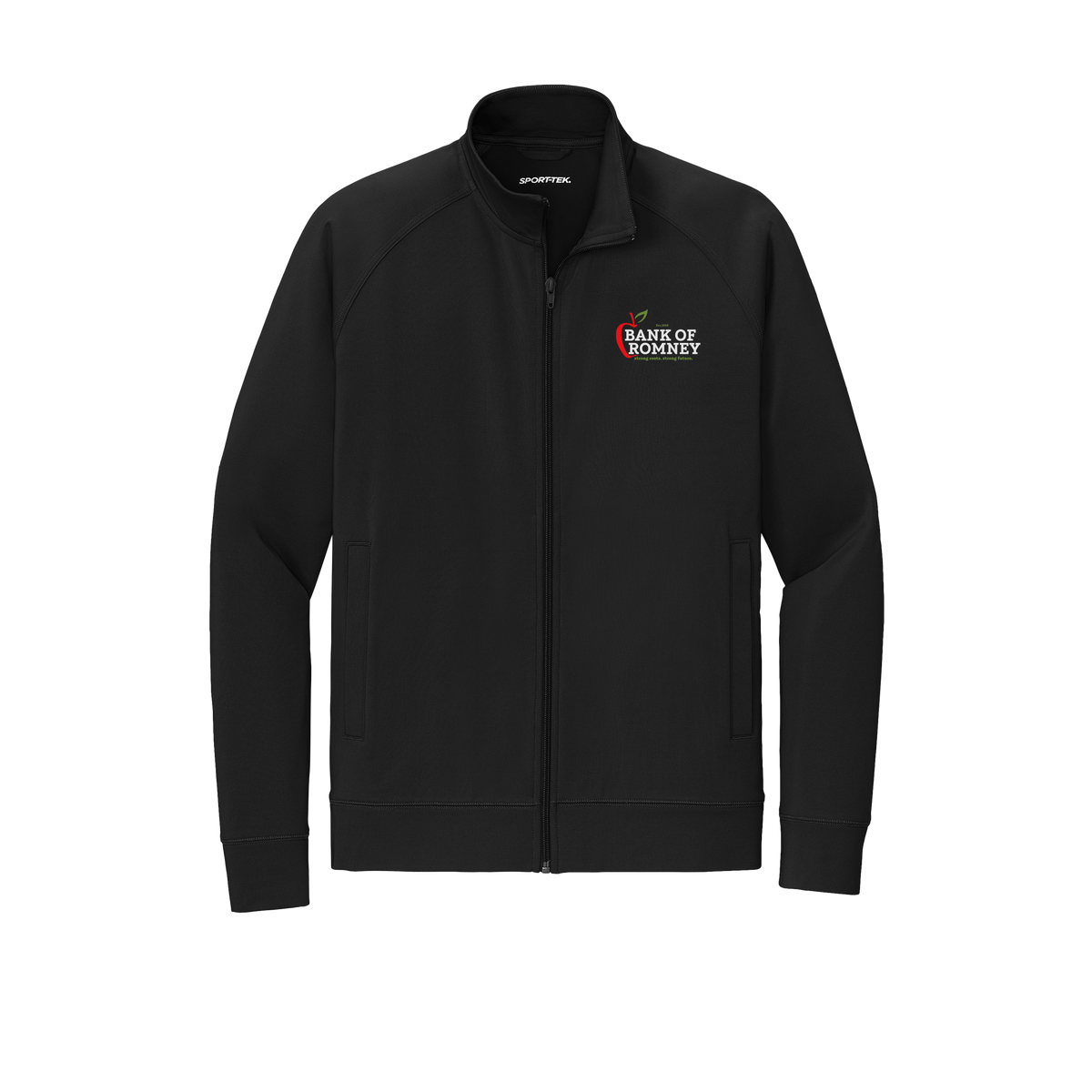 bankofromney-sport-tek-mens-cadet-jacket-embroidery-leftchest-ST857-black-flat-front