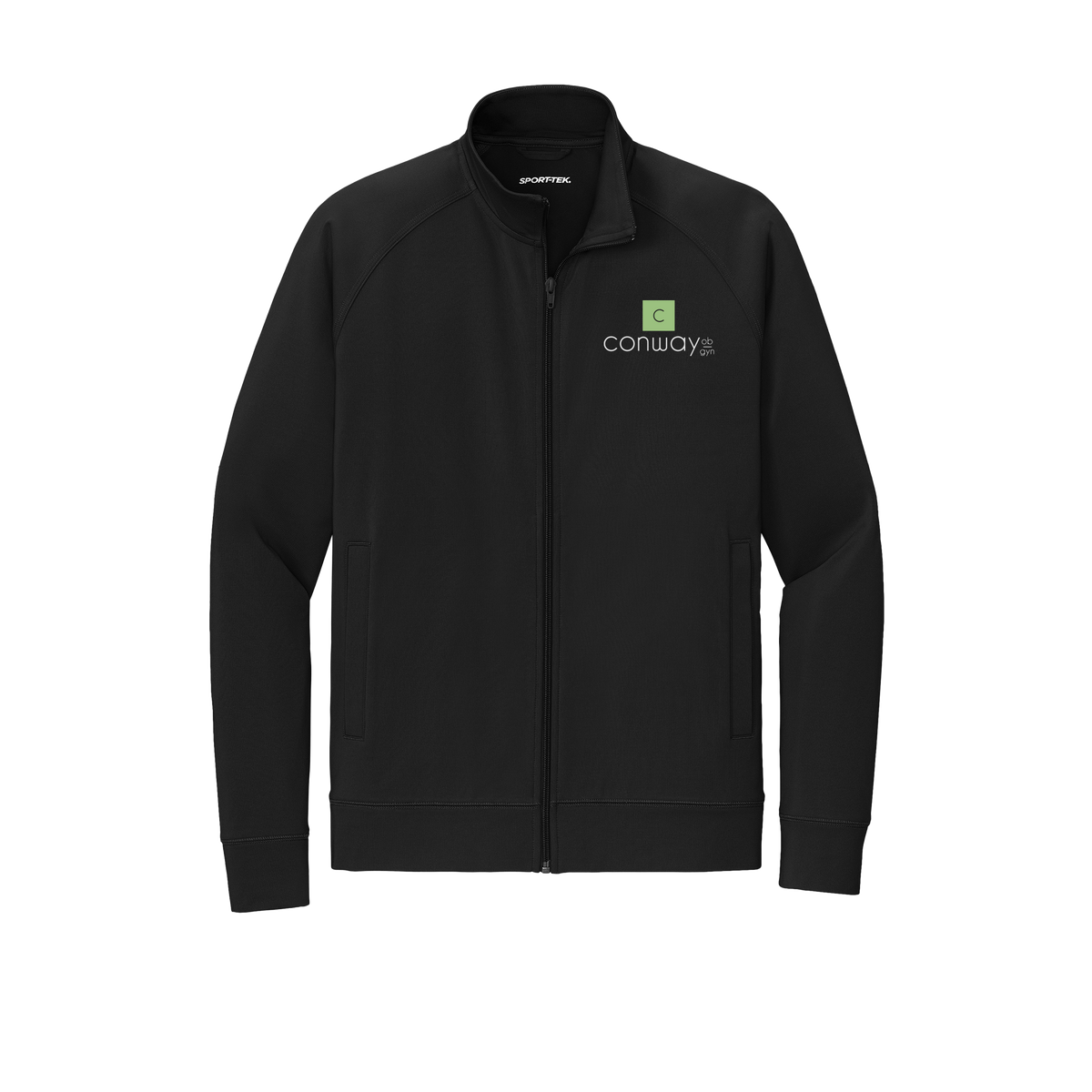 conwayobgyn-sport-tek-mens-cadet-jacket-embroidery-leftchest-ST857-black-flat-front
