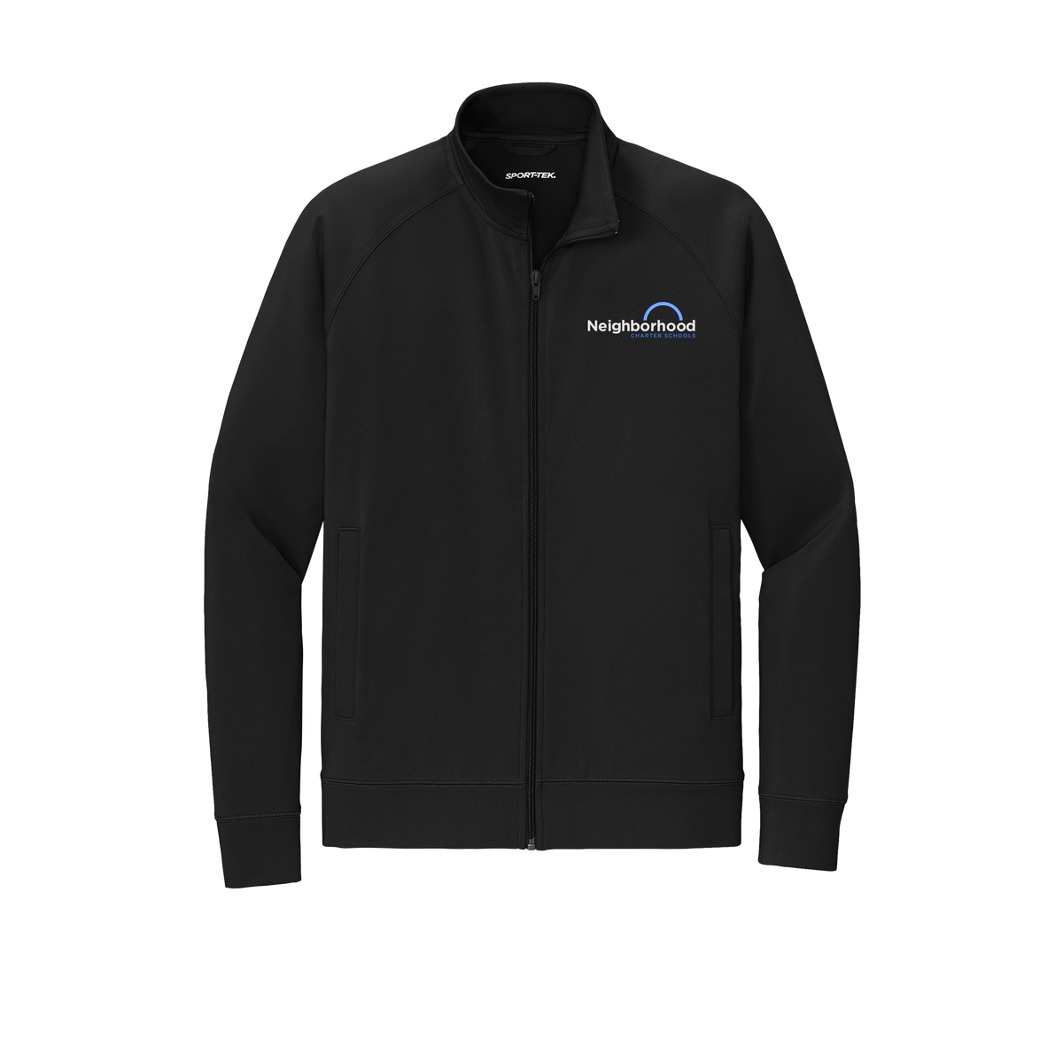 ncschools-sport-tek-mens-cadet-jacket-embroidery-leftchest-ST857-black-flat-front