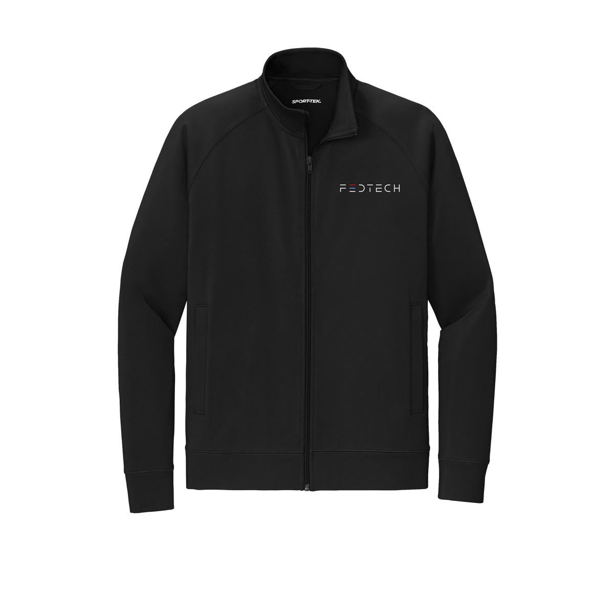fedtech-sport-tek-mens-cadet-jacket-embroidery-leftchest-ST857-black-flat-front