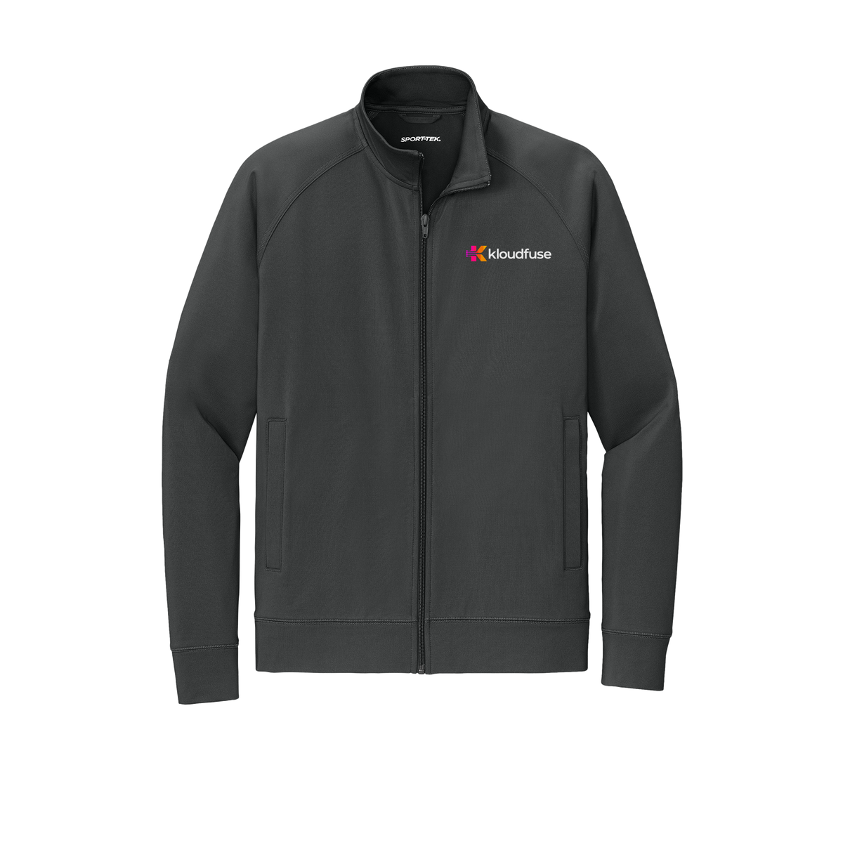 kloudfuse-sport-tek-mens-cadet-jacket-embroidery-leftchest-ST857-charcoalgrey-flat-front