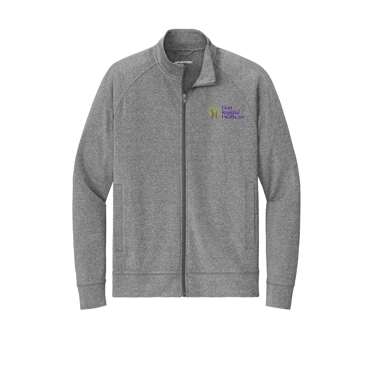 huntregional-sport-tek-mens-cadet-jacket-embroidery-leftchest-ST857-charcoalgreyheather-flat-front