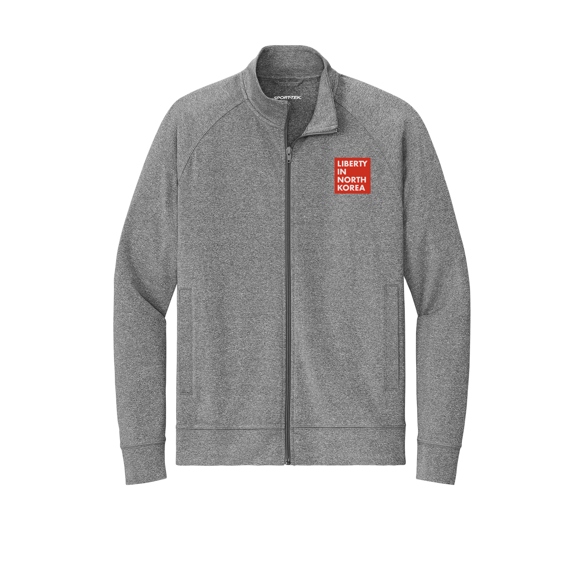 libertyinnorthkorea-sport-tek-mens-cadet-jacket-embroidery-leftchest-ST857-charcoalgreyheather-flat-front