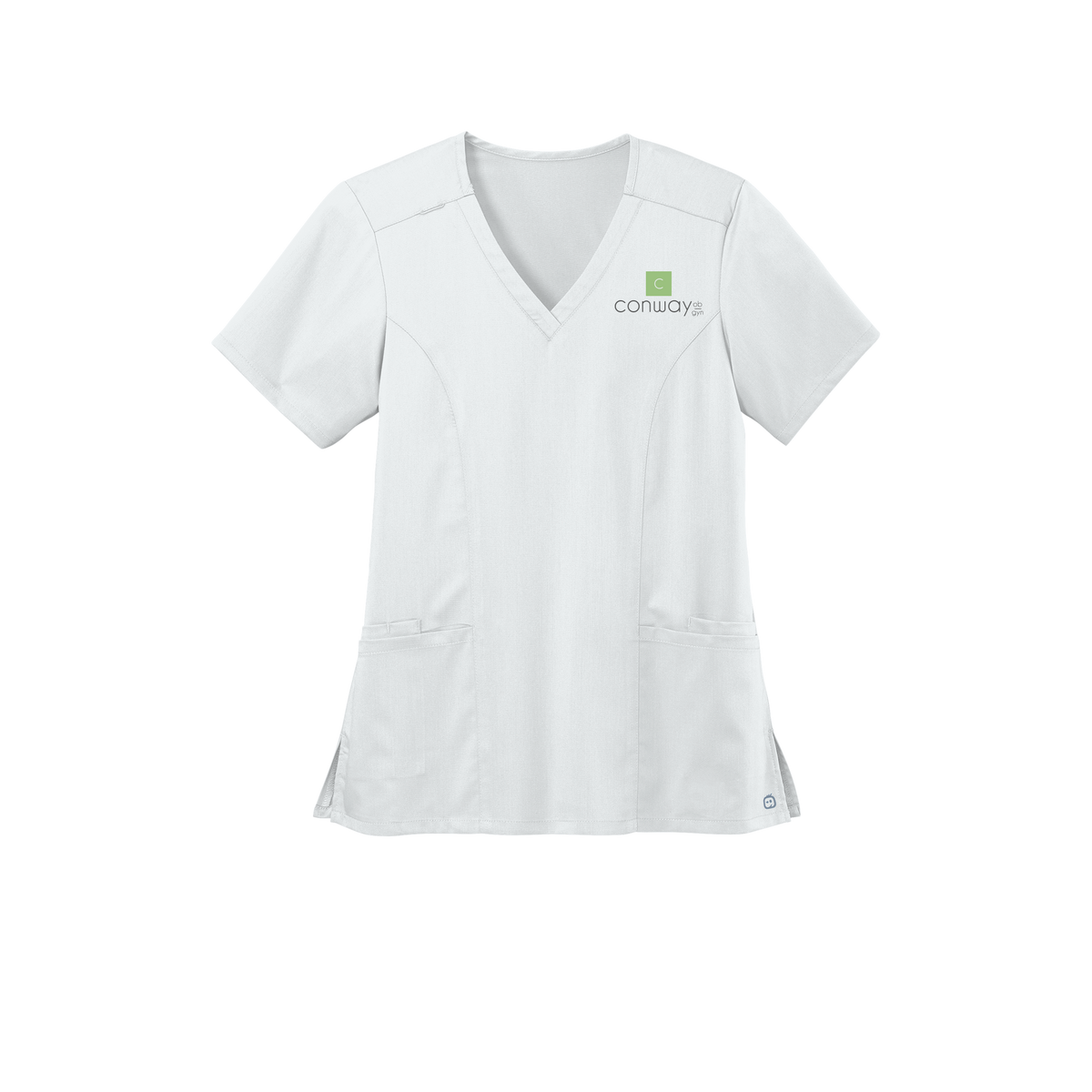conwayobgyn-wink-womens-premiere-flex-v-neck-embroidery-leftchest-WW4168-white-flat-front