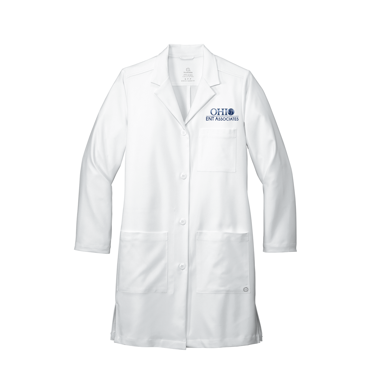 ohioentaudiology-wink-womens-lab-coat-long-embroidery-leftchest-WW4172-white-flat-front