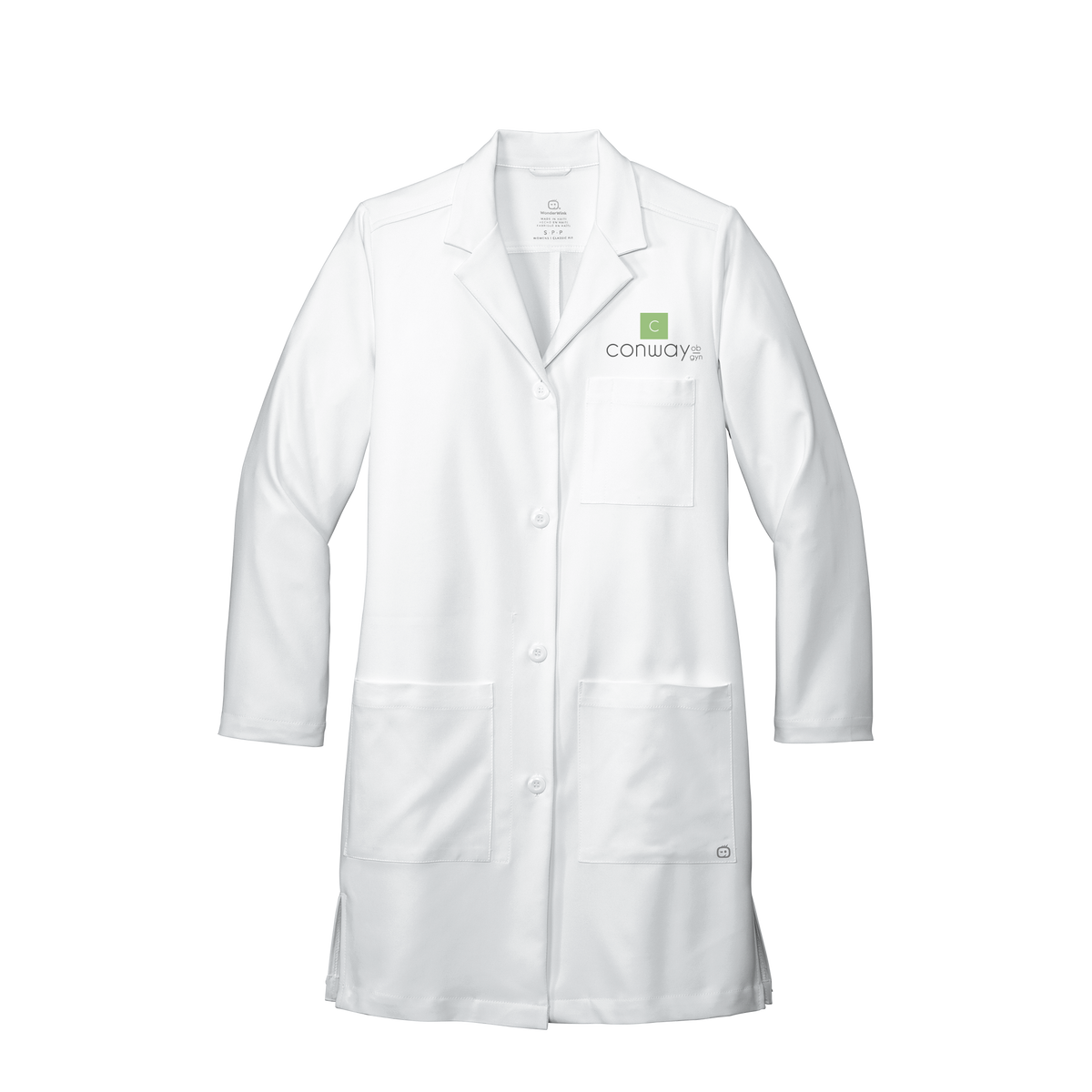 conwayobgyn-wink-womens-lab-coat-long-embroidery-leftchest-WW4172-white-flat-front