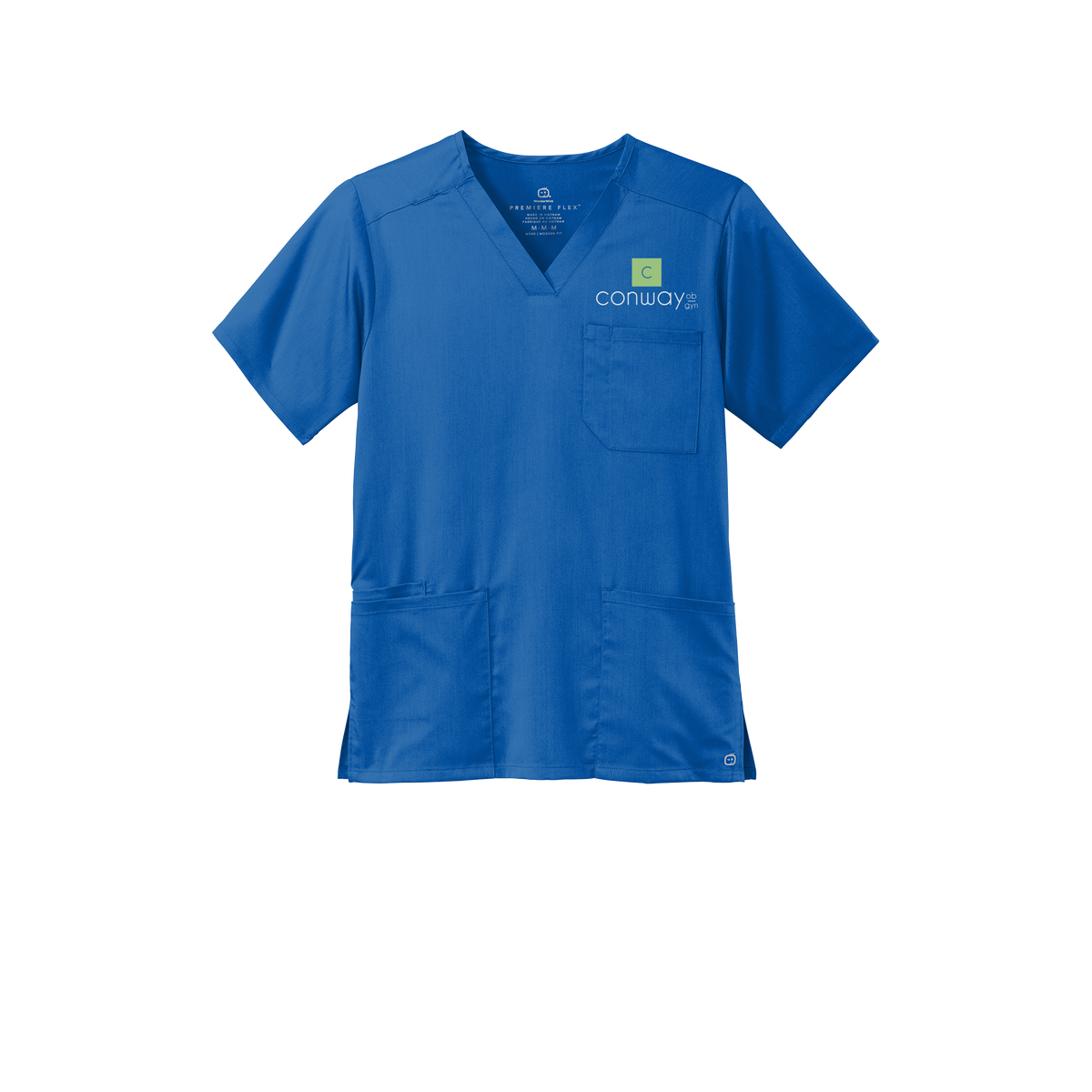 conwayobgyn-wink-mens-premiere-flex-v-neck-embroidery-leftchest-WW5068-royal-flat-front