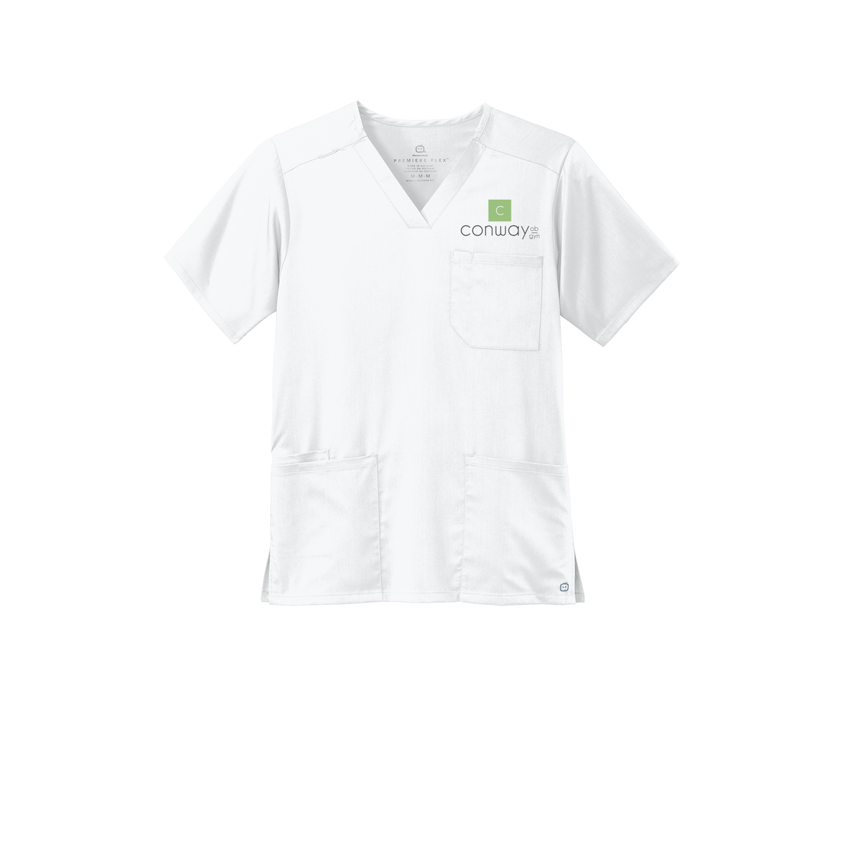conwayobgyn-wink-mens-premiere-flex-v-neck-embroidery-leftchest-WW5068-white-flat-front